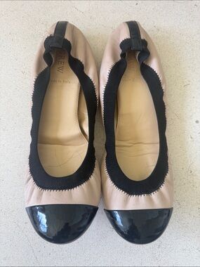 J. Crew Beige Leather Ballet Flats with Black Patent Cap Toe